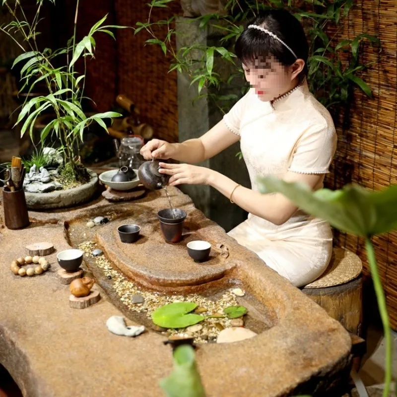 Flowing water tea table and chair combination outdoor zen kung fu tea table coffee table ecological micro landscape fish M &