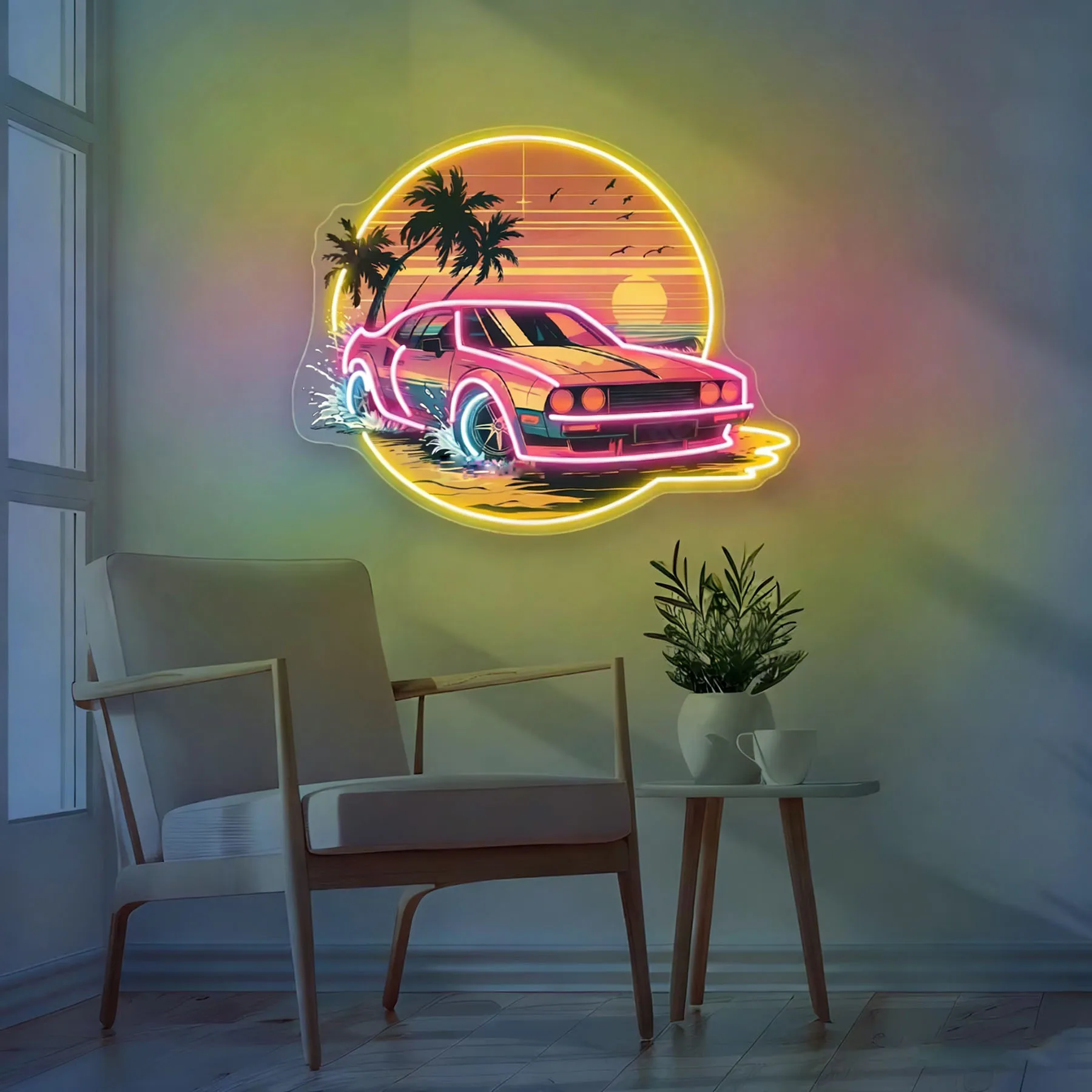 Car Neon Sign With Palm Sunset Wall Art,Car Neon Sign,Sunset Neon Wall,Car Lover Gift,Home Decors,Business Neon Sign