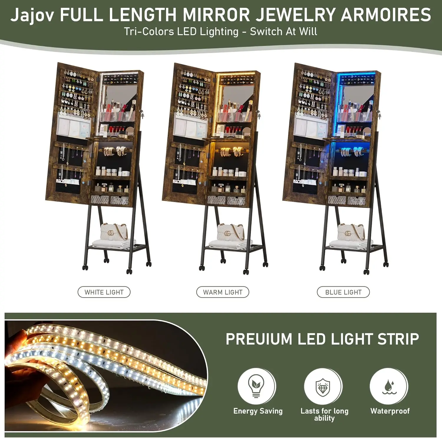 Standing Mirror with Jewelry Storage with Smart Touch, LED Full-Length Mirror Jewelry Armoire with 6 Color Lights,