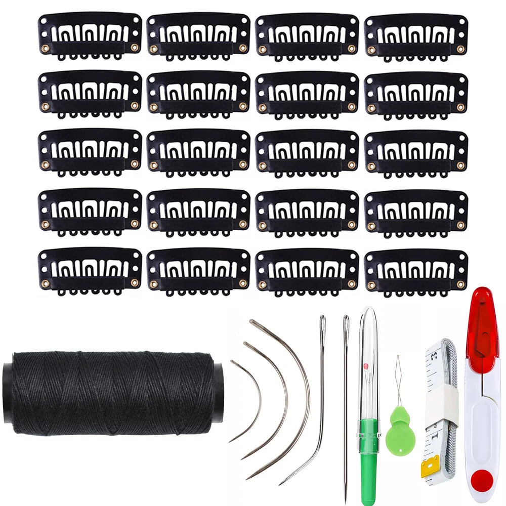

30pcs Hair Extensions Clip Wig Making Set, 20U-Shape Snap Clips, 6Curved Needles,1 Rolls Weaving Thread and Other Tools