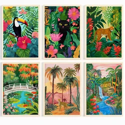 Retro Tropical Jungle Waterfall Landscape Animal Tiger Parrot Illustration Poster Canvas Painting Nordic Wall Picture Home Decor