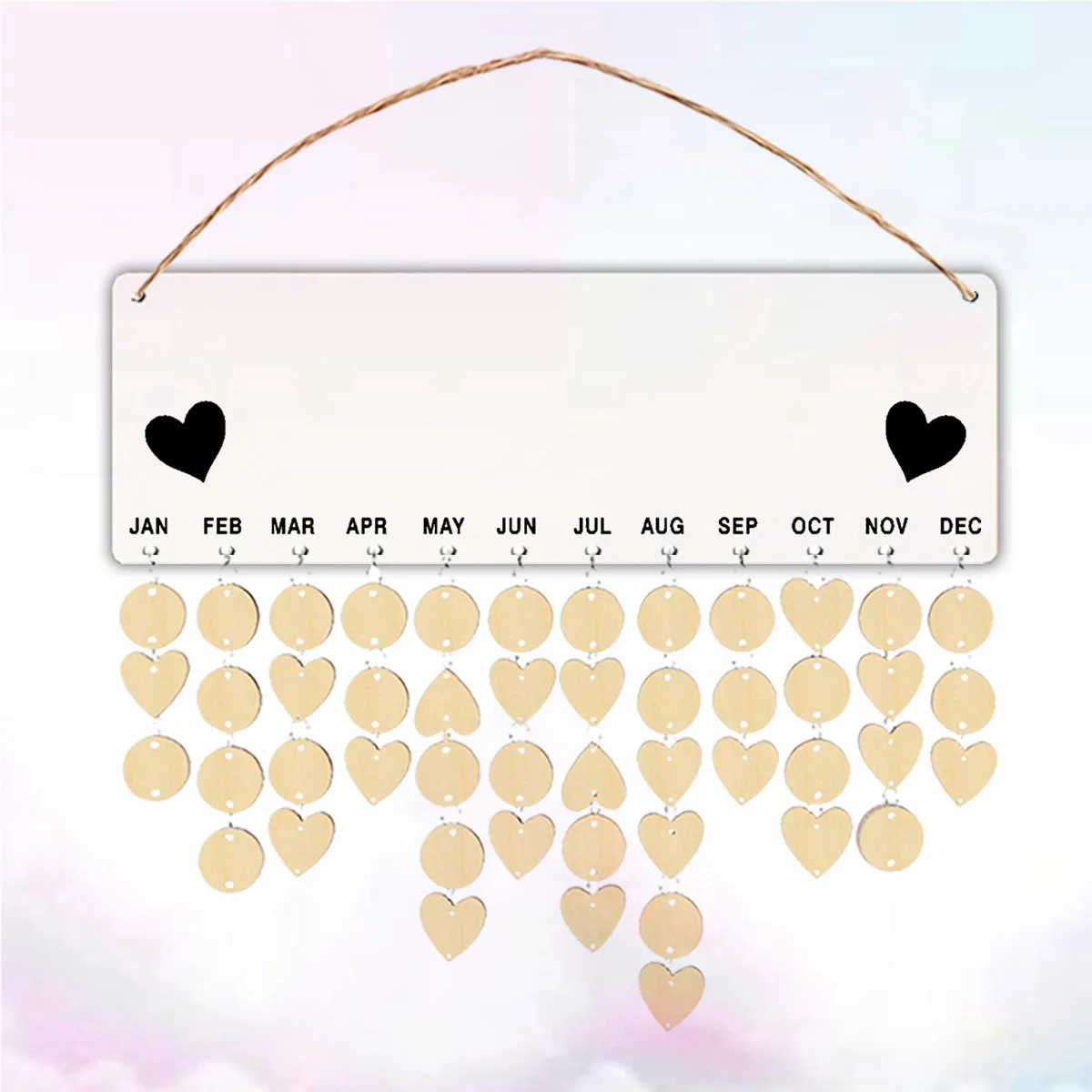 

Hanging Wooden Calendar for Home Office Birthday Tracker Board with Clips and Rope Lovely Round Heart Shape Design Beige Black