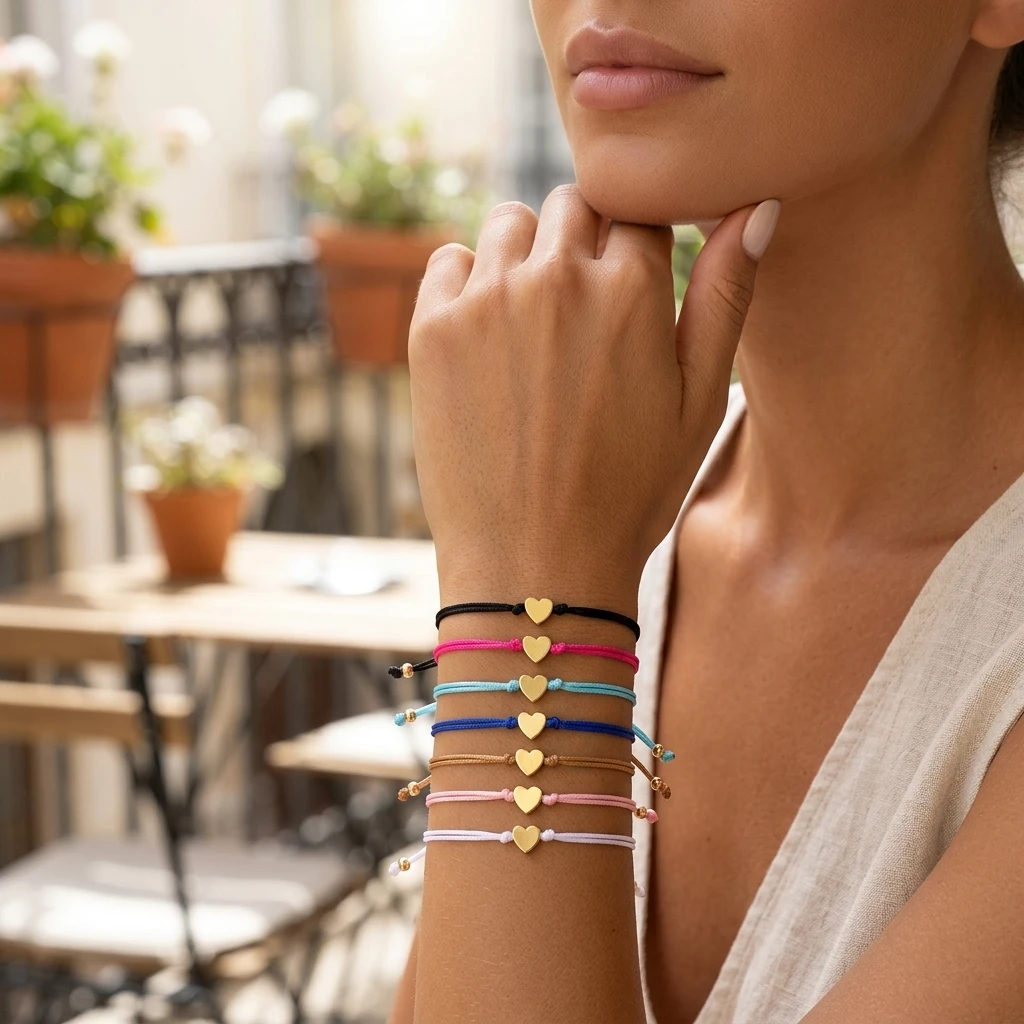 7pcs Cotton Cord Copper Heart Charm Bracelet Set Casual Adjustable Friendship Bracelets For Women