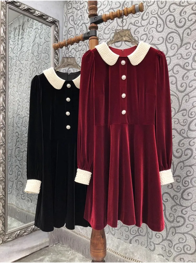 

Top Quality New 2024 Early Spring Dress Women Peter Pan Collar Beading Button Long Sleeve A-Line Wine Red Black Velvet Dress