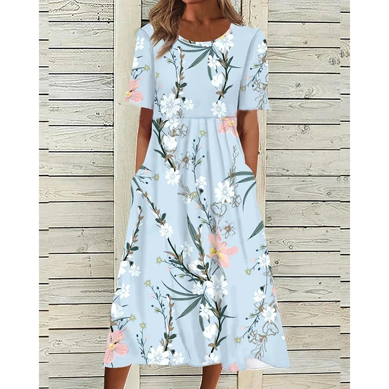 Elegante boho feminino verão maxi vestido longo casual solto floral impressão o pescoço praia vestido de férias manga curta vestidos de bolso