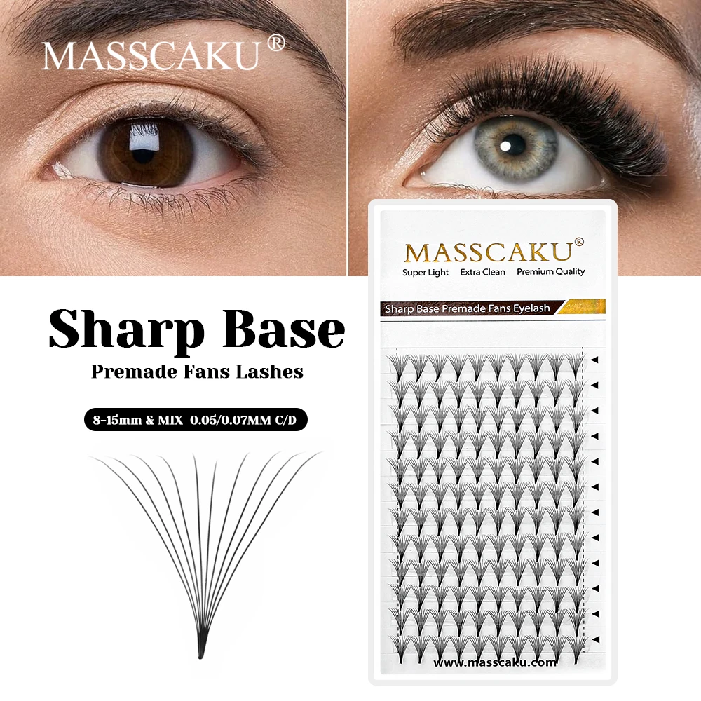 

12 Rows MASSCAKU C D Curl Fluffy 6D/8D/10D Narrow Root Thin Stem Lashes 0.07mm Thickness Wispy Sharp Base Premade Fans Eyelashes