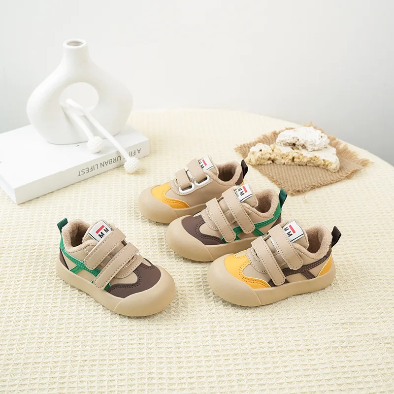Kids'Casual Shoes PU Leather Color Blocking Winter Fashion Shoes For Children Soft Bottom Warm Anti-slip Khaki Green Size 21-31