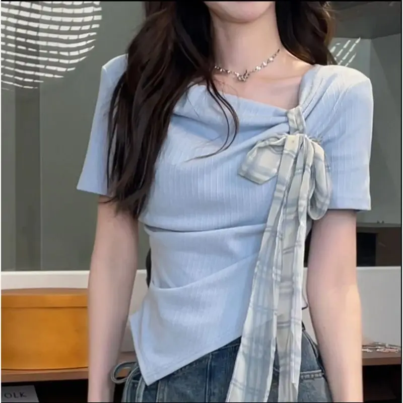 Women's Summer T-Shirt Asymmetric Neck Plaid Bow Tie Short Sleeve Ribbed Slim Fit Irregular Hem Casual Sweet Tee Top
