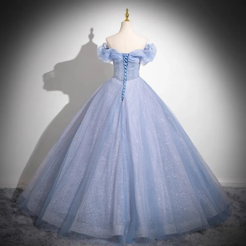 Gaun pesta berlian imitasi biru muda dari bahu Quinceanera gaun pesta Prom Tulle Bling 2024 jubah 15 tahun Malam