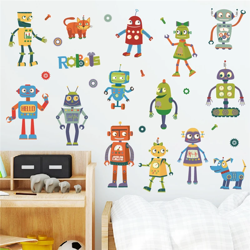 Funny Animals Robots Pattern Wall Sticker For Kids Room Bedroom Home Decoration Diy Cartoon Mural Art Pvc Decal Boys Posters