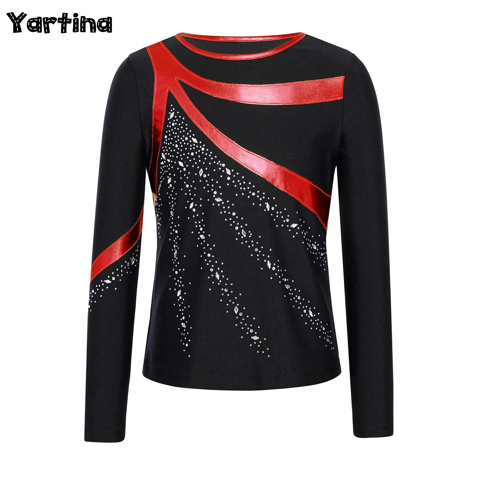 

Kids Boys Shiny Rhinestones Gymnastics Ballet Dance Performance Tops Figure Skating Costume Long Sleeve Metallic Shirt Tops