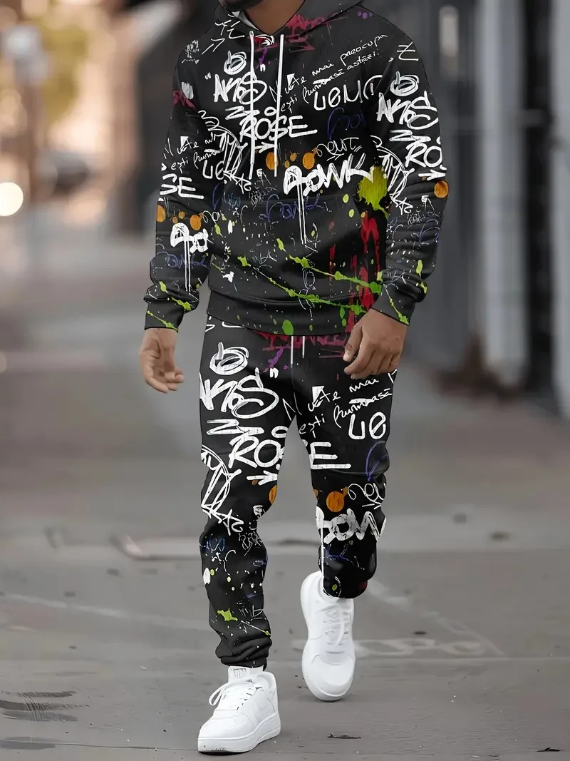

Новый мужской комплект с капюшоном на весну и осень 2023 года с повседневным модным и удобным 3D-принтом с рисунком граффити.