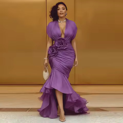 Deep V Neck Mermaid Prom Dress Purple Ruffles High Low Evening Gowns With 3d Handmade Flowers Women Party Dress Formal Wear