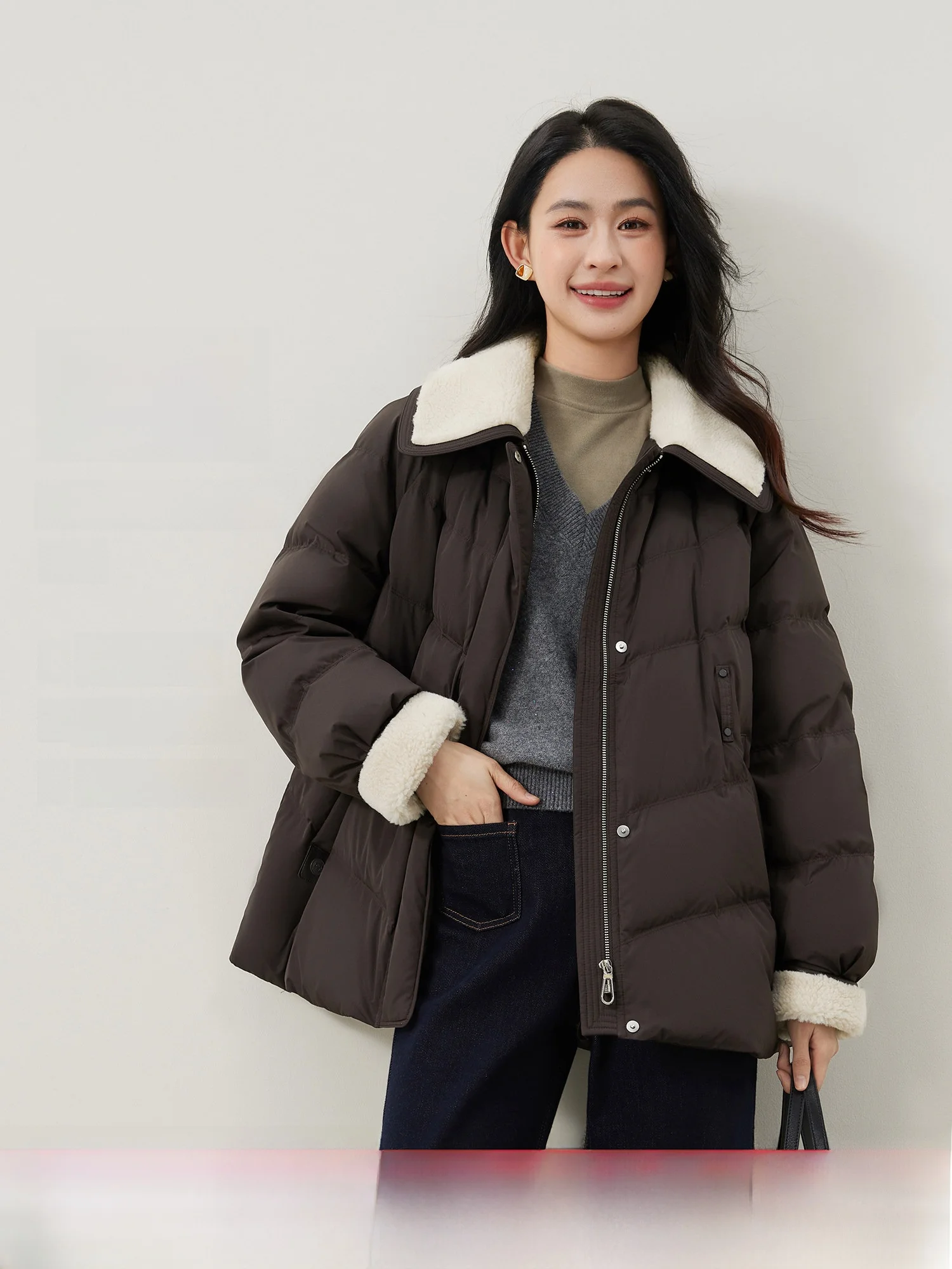 

Женское пуховое пальто Ele с воротником из овечьей шерсти, 90% белого пуха, с поясом на талии, длинное, модное зимнее пальто