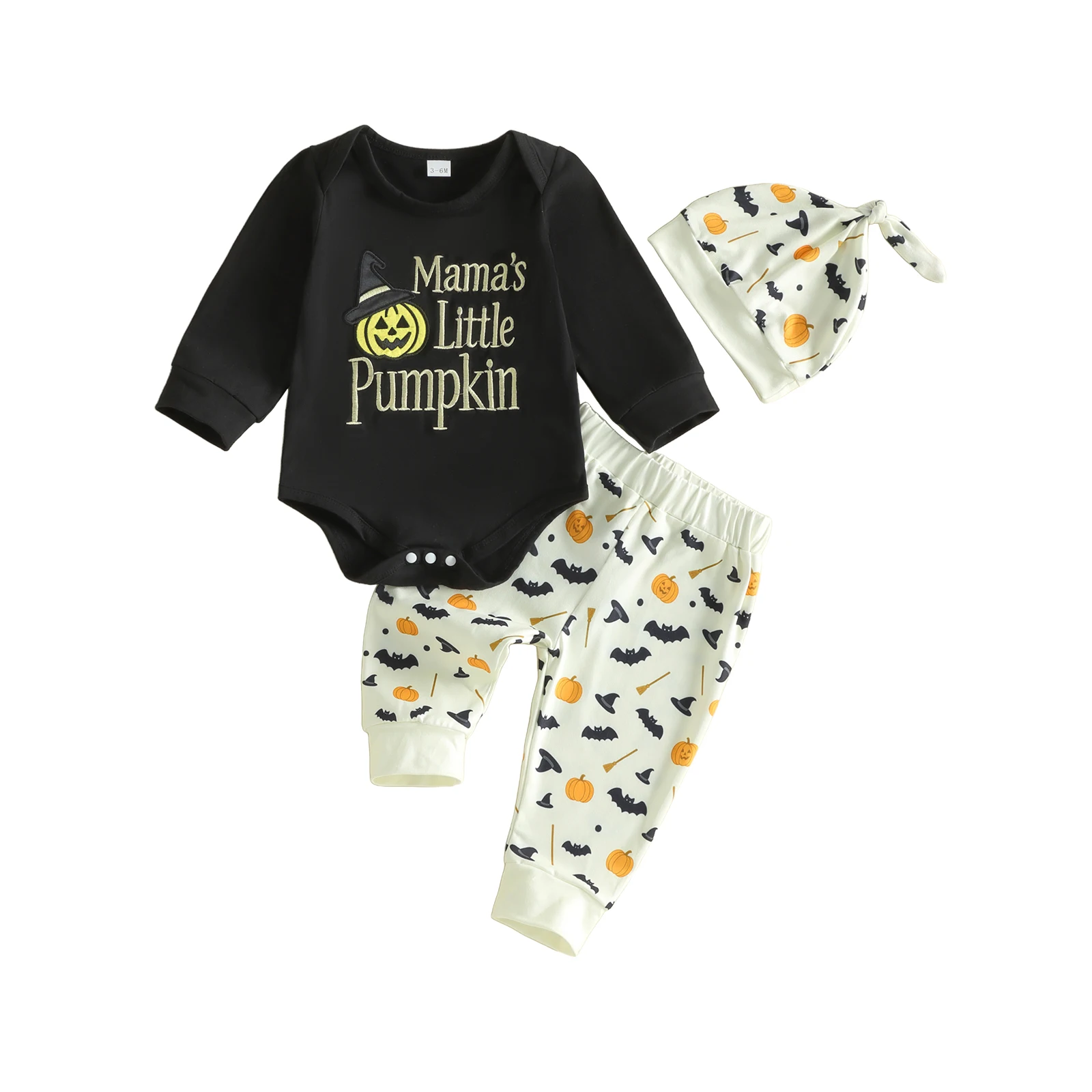 Boys Fall Outfits Long Sleeve Ghost/Bat Pumpkin Print Romper Pants Hat