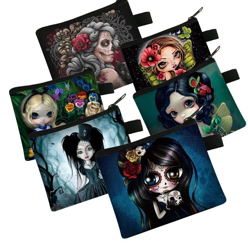 Gothic Girs Portable Coin Wallet Storage Bag Girls Skull Print Coin Purse Cartoon Key Pouch Bags Girls Mini Wallet Coin Bag