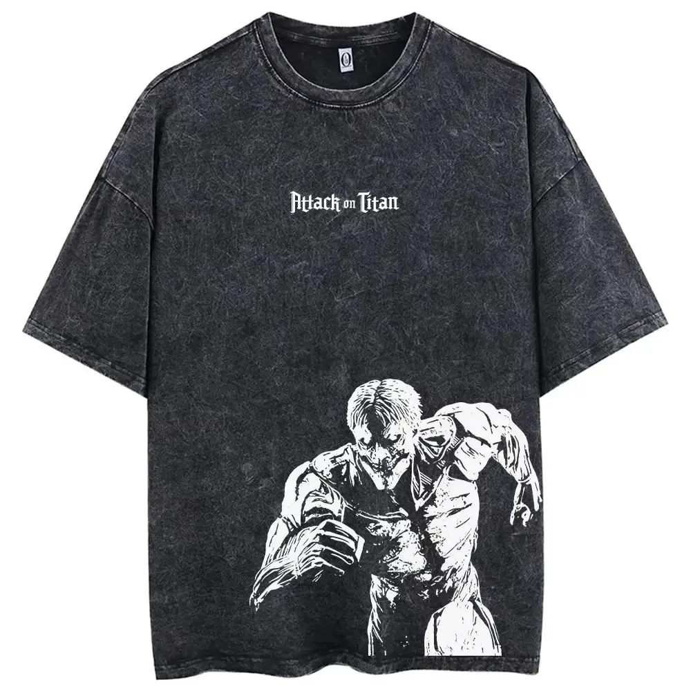 メンズ-ウォッシュド加工-進撃の巨人-アニメtシャツ-ヒップホップ-ストリートウェア-スリムフィット-九分袖-ヘンリーカラー-ユースファッション