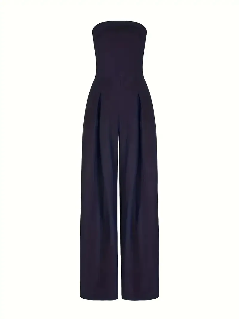 بلوزة نسائية عصرية بدون حمالات بلون سادة مع سراويل طويلة أنيقة وأنيقة واسعة الساق، مناسبة للتنقل والكا