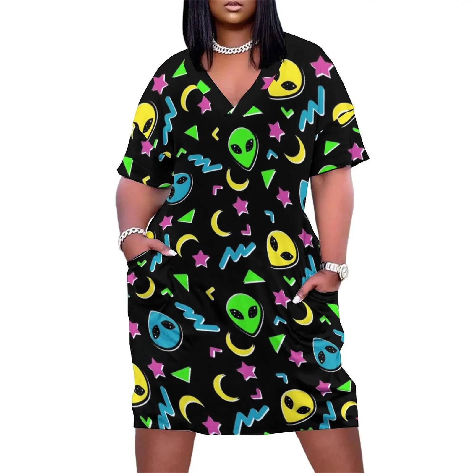 90s Geometric Alien - Black and Neon Loose Pocket Dress women's summer clothing 2025 summer dresses