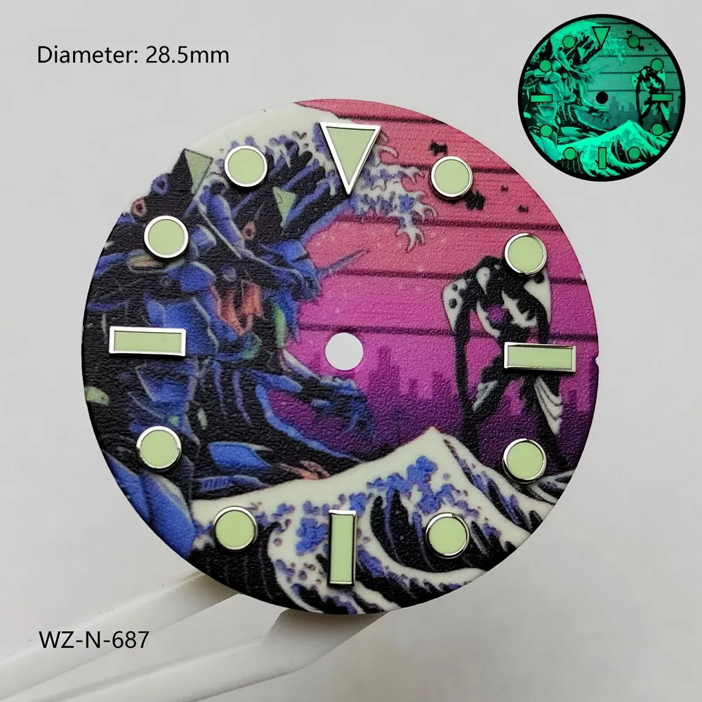 28.5mm NH35 dial Kanagawa green full luminous dial nh36 suitable for NH35/NH36 automatic movement Godzil dial can customize logo