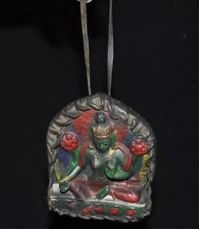 

4.4" Tibet Buddhism temple leather bronze painted thangka Tara Green Tara statue