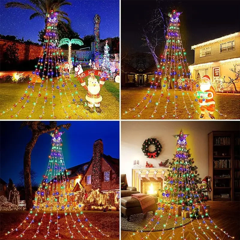 Luces LED de cascada y estrellas, adornos navideños, cadena de luces, adornos de árbol de Navidad para el hogar, Navidad Natal 2024, Año Nuevo 2025