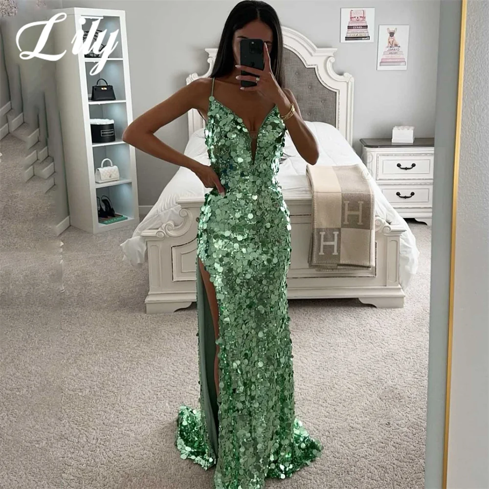 

Lily Green Evening Gown Mermaid Sexy Sequin Prom Dresses Satin Pleat V-Neck Side Split Wedding Evening Dress robes de soirée