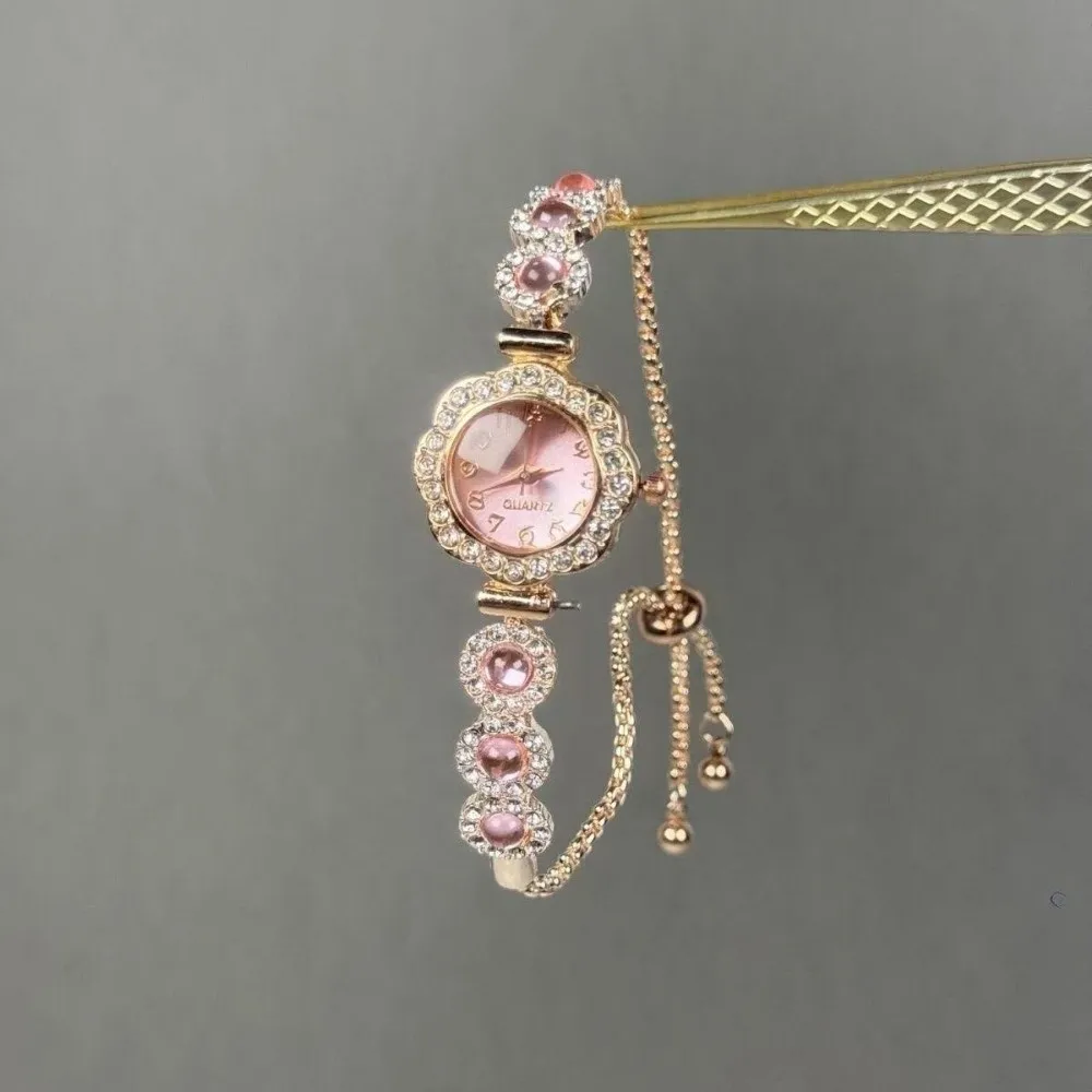Casual Rhinestone Women Quartz Watch Heart-shaped Pink Bracelet Watch Pull-Open Flowers Ladies Wristwatches Gifts