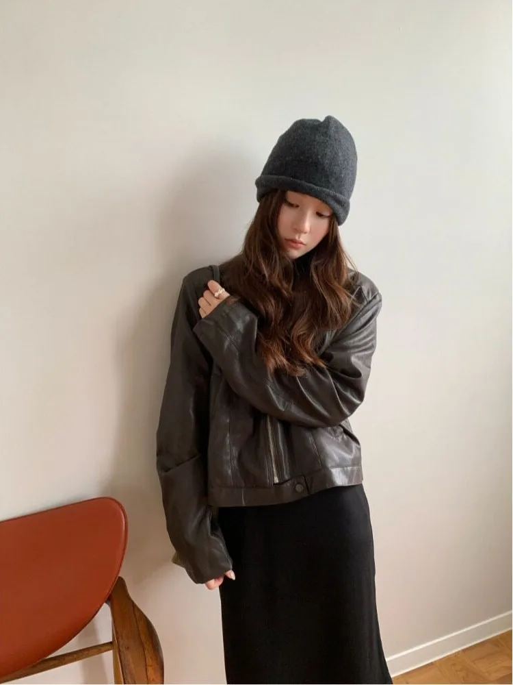 Retro Hong Kong Style Short PU Leather Jacket Women's Black Biker Coat Slimming Fashionable Female Outerwear Polyester Fiber