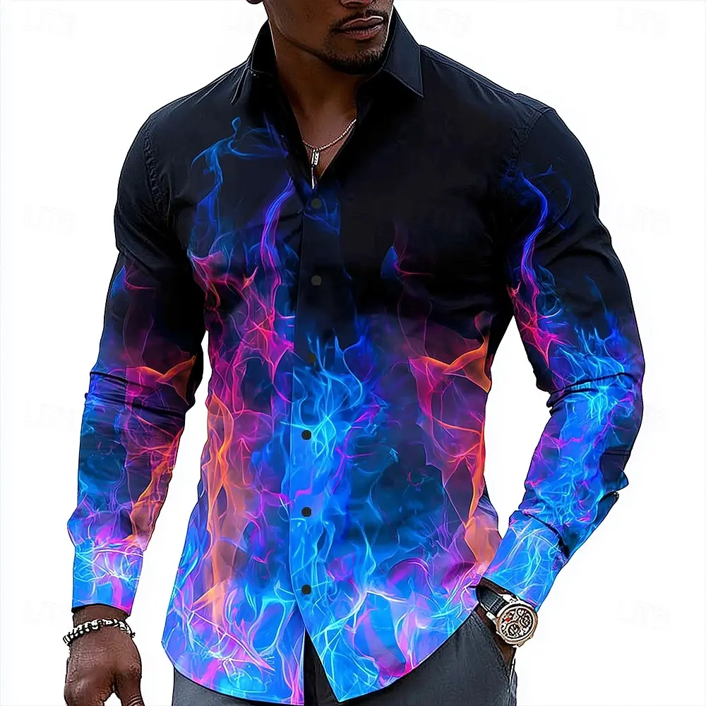 Hip Hop Flame Print Shirt Men Streetwear 2025 Fashion Long Sleeve Tops Urban Trendy Graphic Tee Shirt Casual Loose Fit Clothing