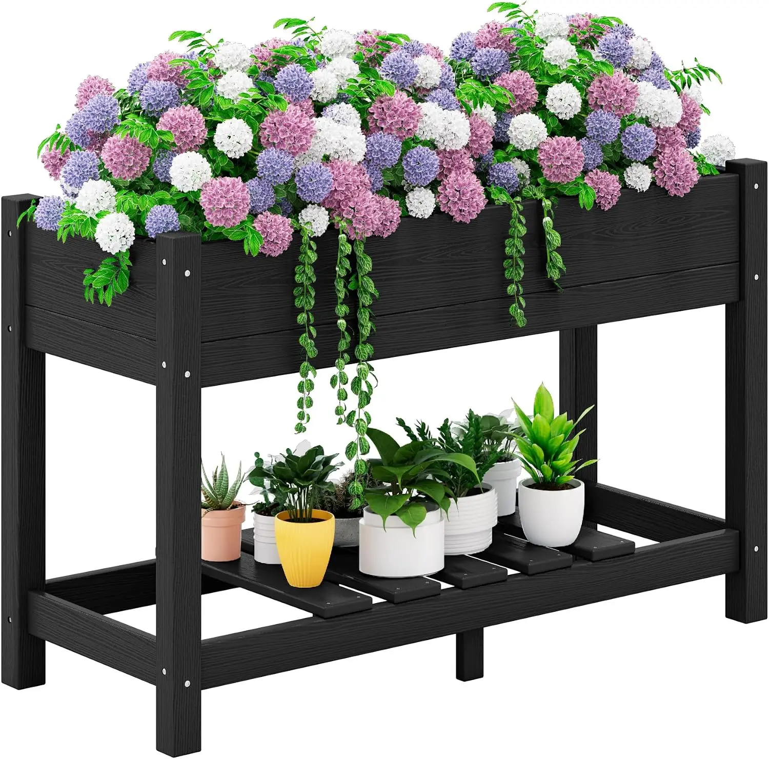 Black Elevated Raised Garden Bed with Legs, HDPE Planter Stand with Storage Shelf & Drainage Holes, Finger-Safe Burr-Free Edges, 43