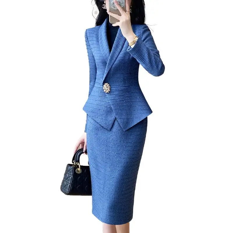 Insozkdg الفاخرة الأزرق بدلة قصيرة سترة المرأة الخصر التخسيس دعوى الإجتماعي الراقية ميدي تنورة مجموعة قطعتين مجموعة ملابس النساء
