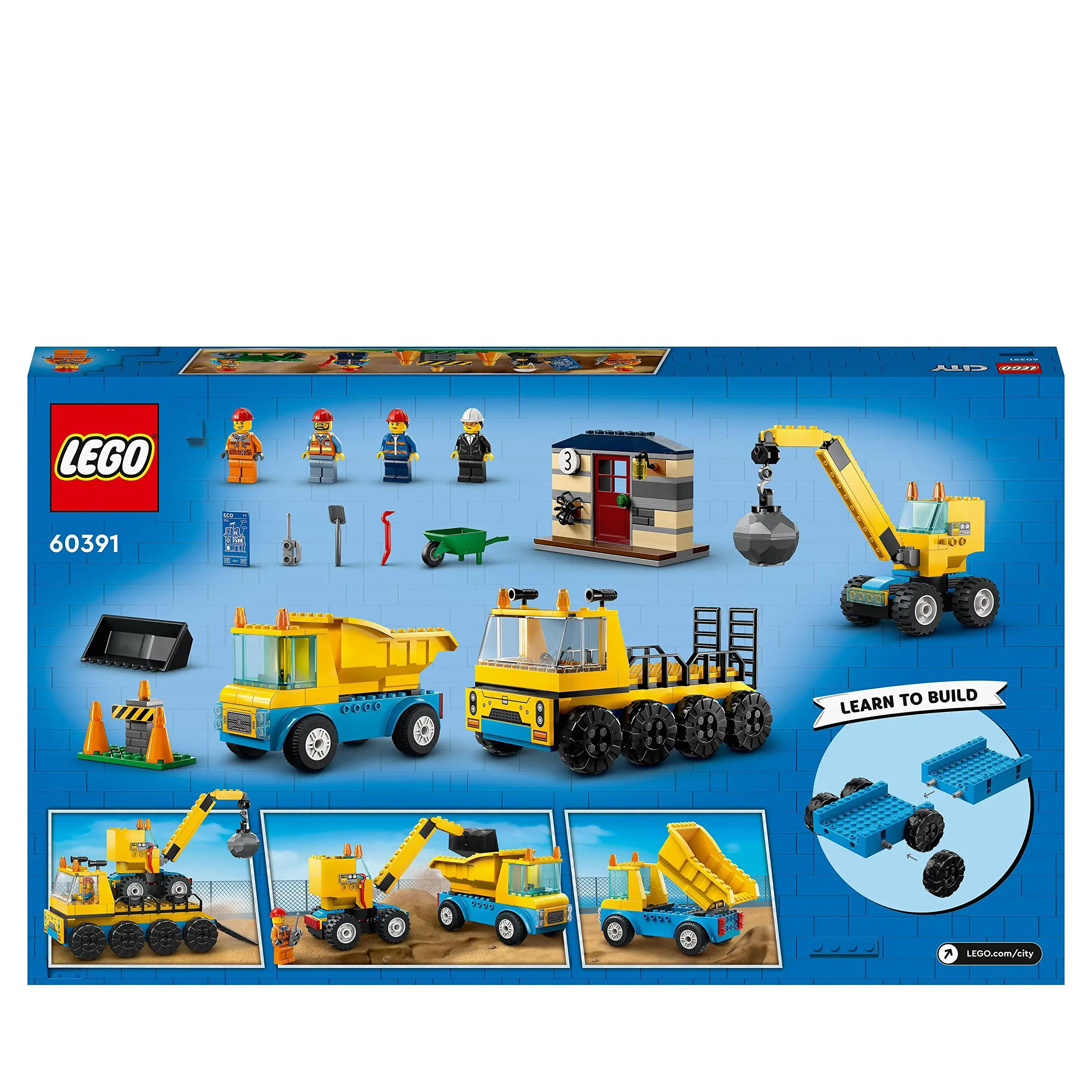 LEGO 60391 City Construction Trucks and Wrecking Ball Crane with Demolition Bulb Toy Excavator Dumper Transport Vehicles