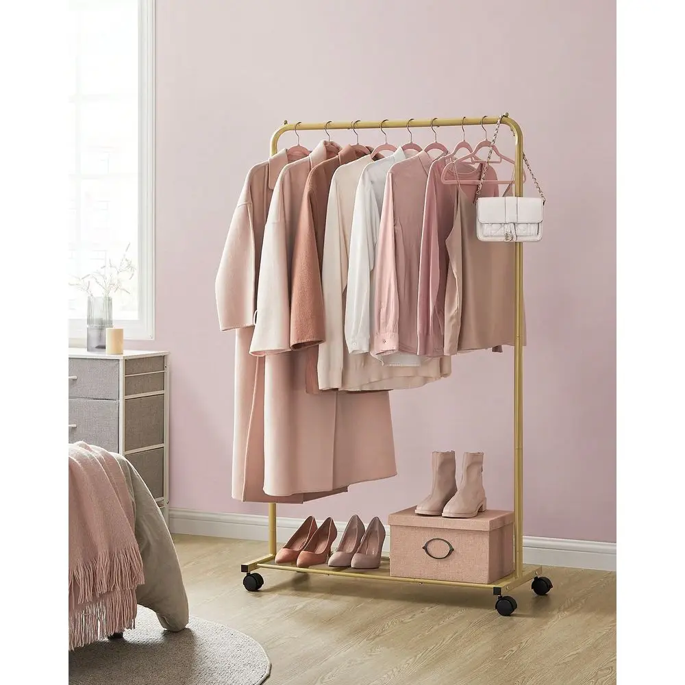 

Металлическая вешалка для одежды на колесиках 25,4 мм с полкой для хранения из плотной сетки, грузоподъемность 110 фунтов, 2 тормоза, цвет Cloud White 15