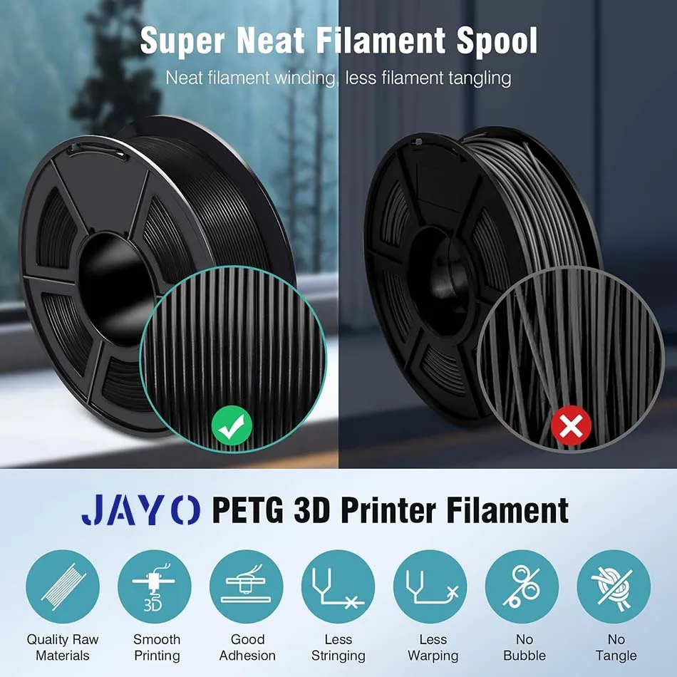 JAYO-filamento PETG para impresora 3D, Material de impresión de alta dureza, 1,75 MM, kg/rollo 1,1, 5 rollos