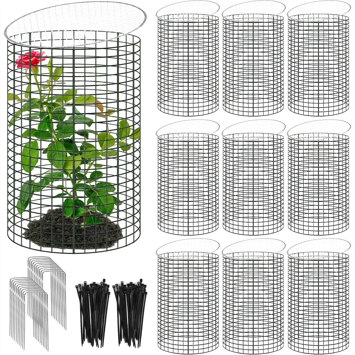 

30 Pcs 24x12 Inch Large Wire Plant Protector With Metal Cover, 10 Pack Metal Plant Cage Chicken Wire Cloche With 10 Pcs Metal Covers For Garden Protection Bunny Barricade