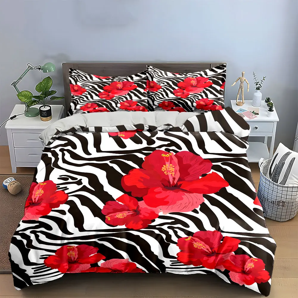 Zebra Pattern Floral Decor Set Bedding Set with 1 Duvet Cover 2 Pillowcases Single Double King Queen, Gift
