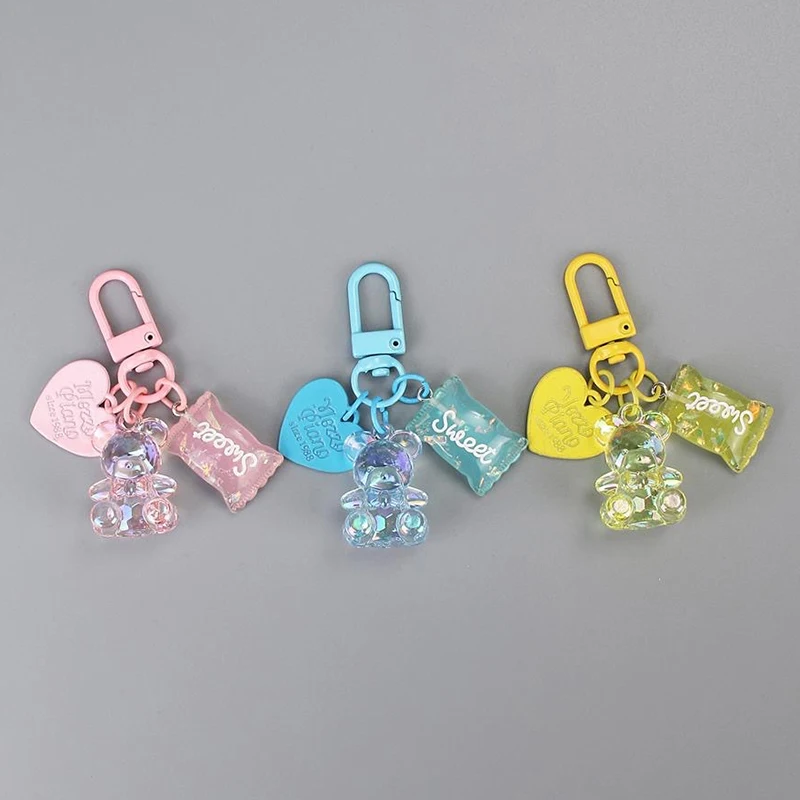 

Cartoon Shiny Heart Bear Candy Keychain Bag Charm Colorful Transparent Resin Animal Bag Car Headphone Case Key Accessories