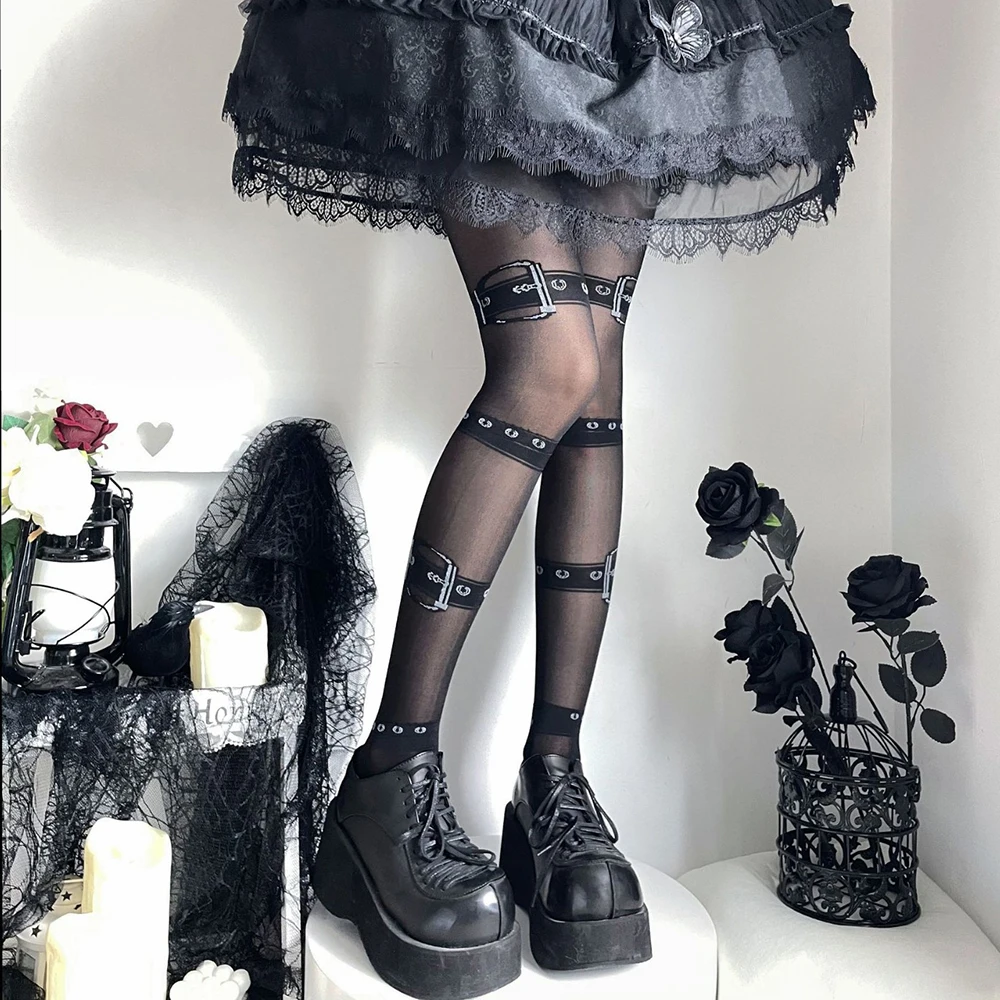 

Halloween Y2k Printed Belt Tights Sexy Bandage Leg Loop Long Stockings Punk Leg Ring Print Pantyhose for Nightclub