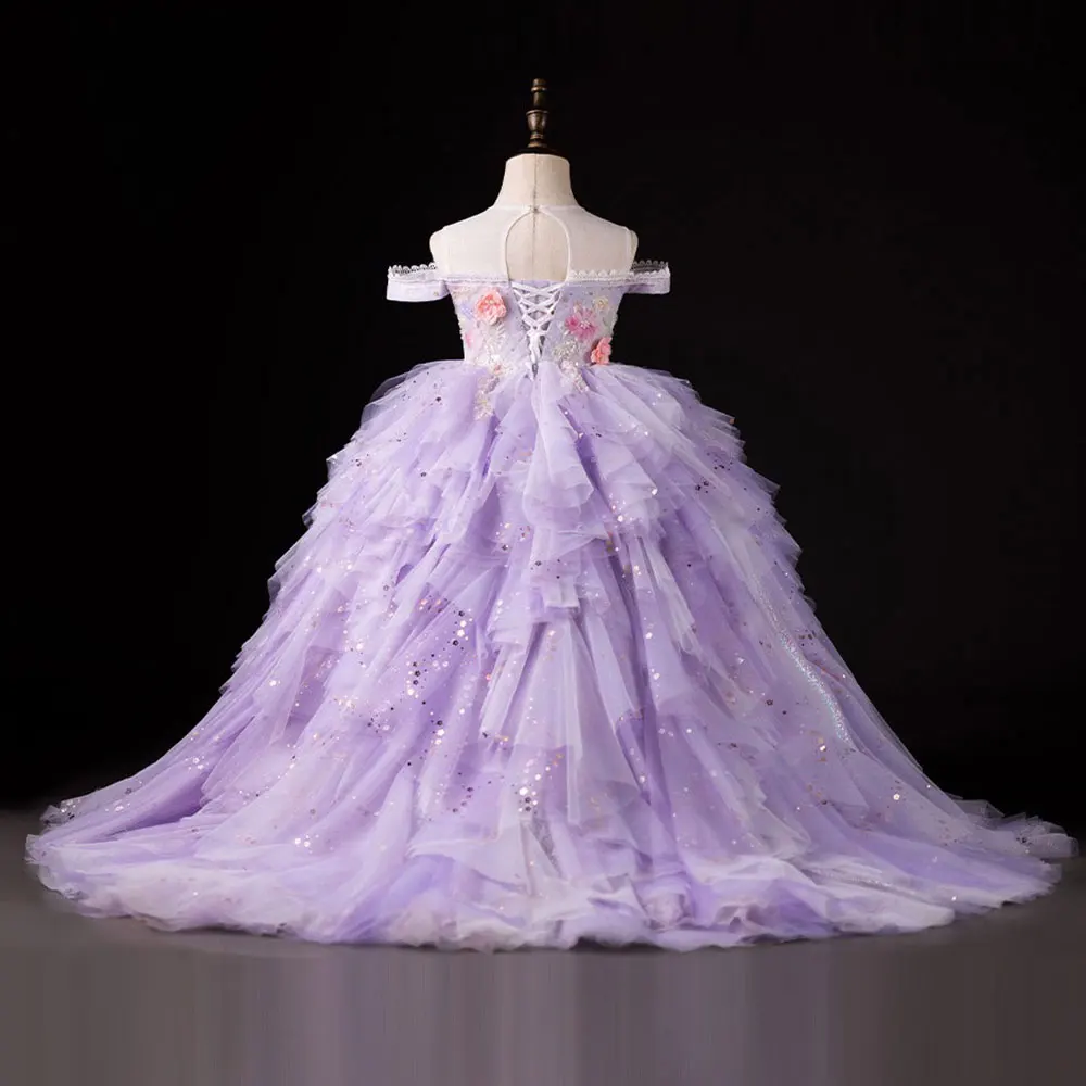 Jill Wish Luxury Dubai Lilac Flower Girl Dress Pearls Princess Kids Wedding Birthday Party Ball Gown Holy Communion 2024 J230