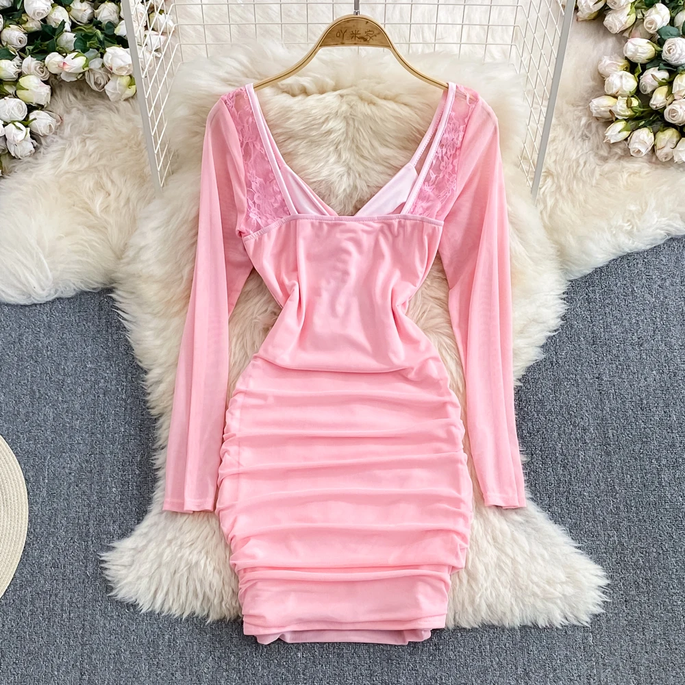 Foamlina Hot Pink/Rose Red One Shoulder Dress Pleated/Textured Fabric Cut-out Waist Long Sleeve Maxi Robe