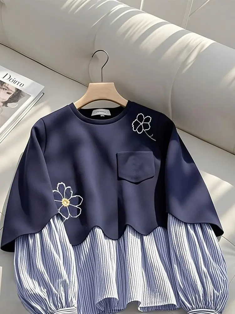 Floral Embroidered Cotton Sweatshirts Women Long Sleeve Casual Pullover Office Lady Casual Wear Tops Oversized