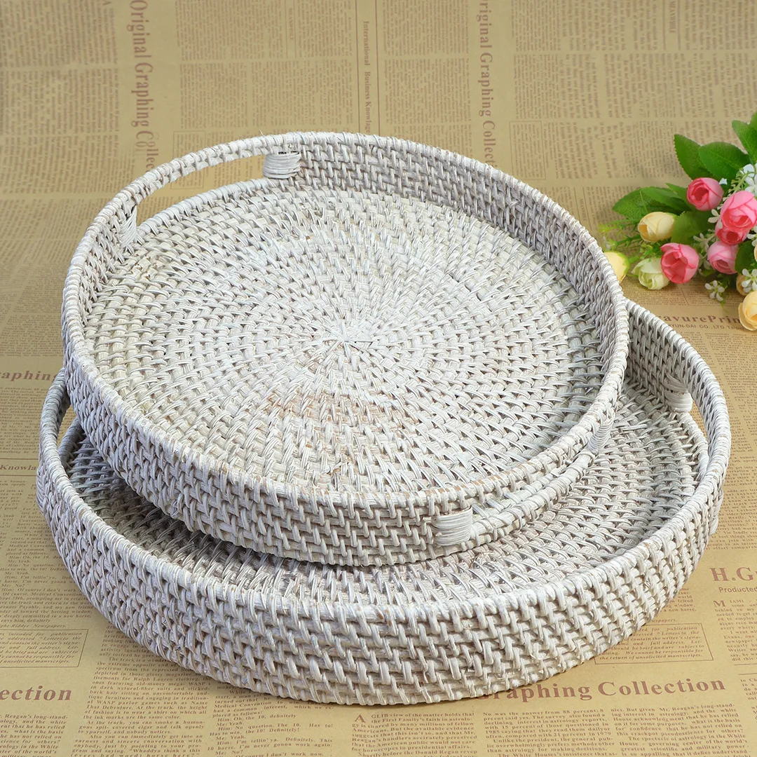 

Storage Baskets, Round Rattan Coffee Table Tray with Handle, Suitable for Home and Kitchen, Decorative Weave, Elegant White