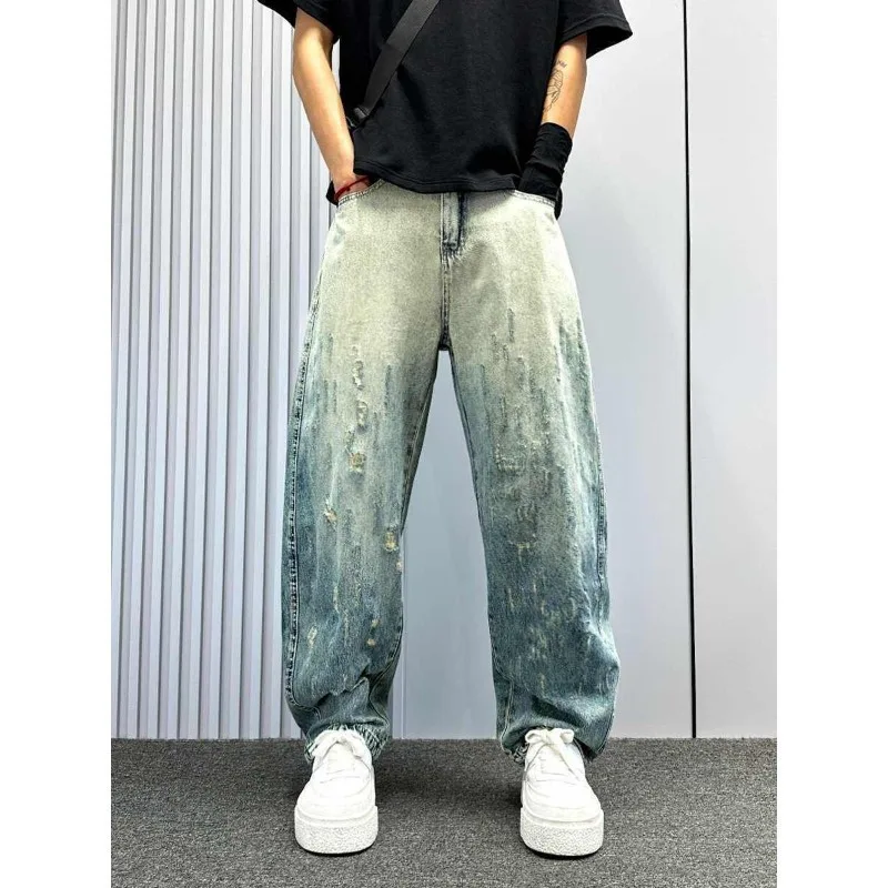 Original 2026 Design Washed Ripped Jeans Men's Autumn New Loose Straight High Street Casual Wide-leg Pants Men Clothing Luxury