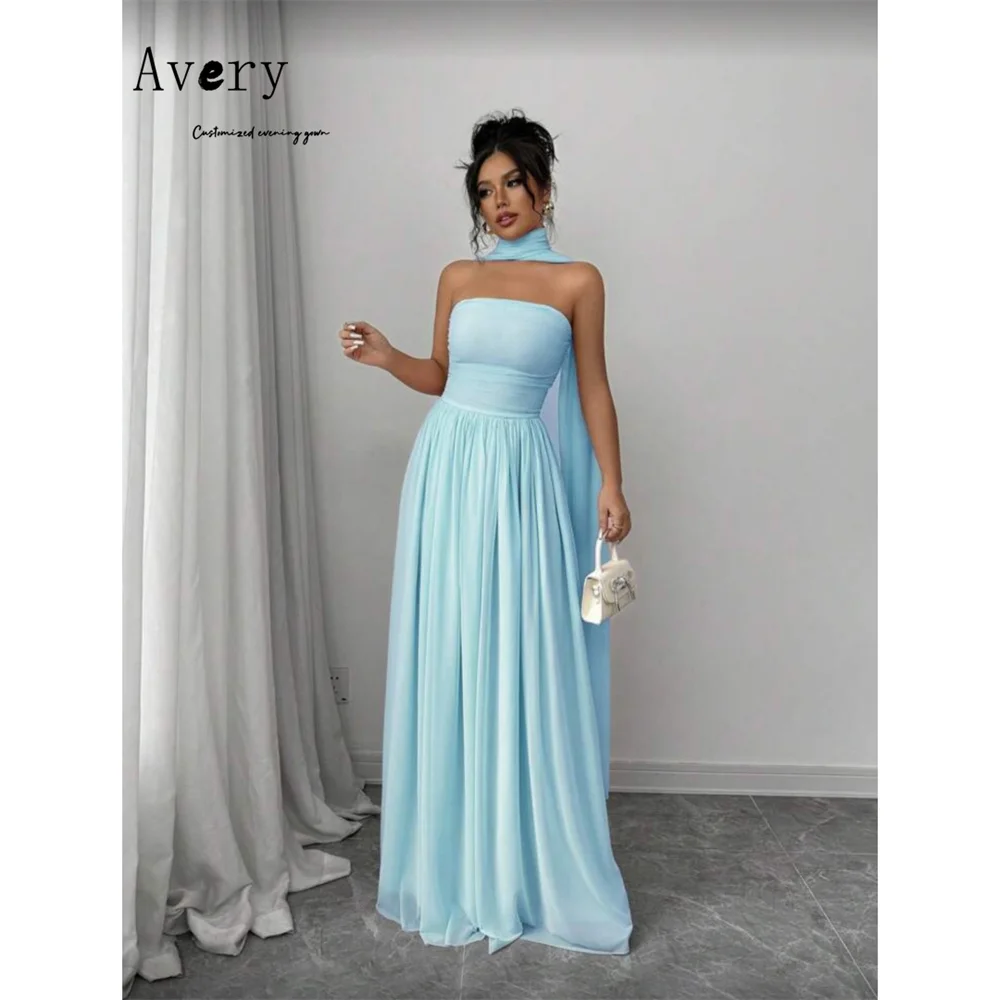 

Avery Customized Sky Blue Tube Top A Line Sleeveless Evening Dresses D/party Elegant Women's Dresses for Wedding Party Luxurious
