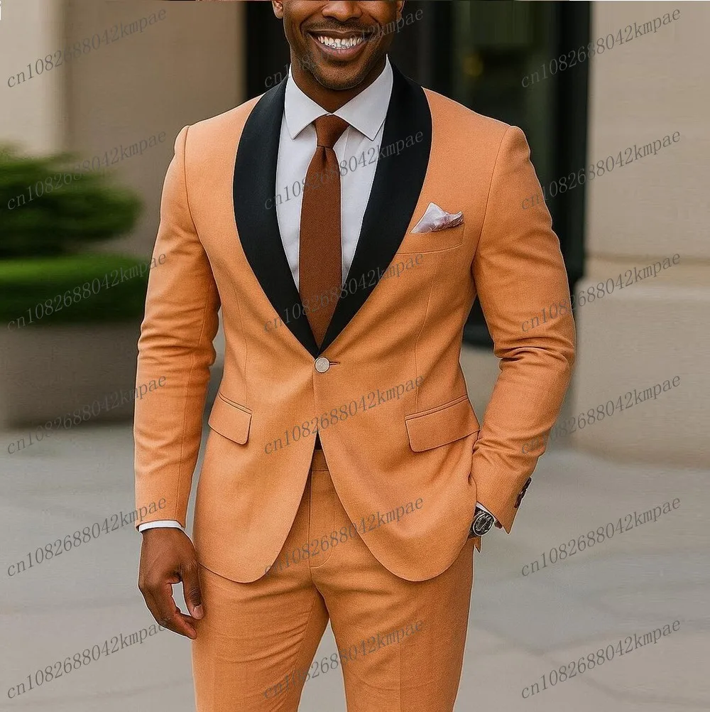 

New Black Collar And Orange Men Formal Tuxedos Groom Groomsman Wedding Party Prom Male Business Suit 2 Piece Set Blazer Pants