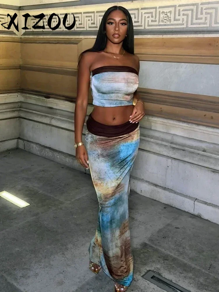

XIZOU Tie-dye Print 2-Piece Set Women Patchwork Strapless Tops+Straight Skirt Vacation Beach Party Skinny Matching Clubwear