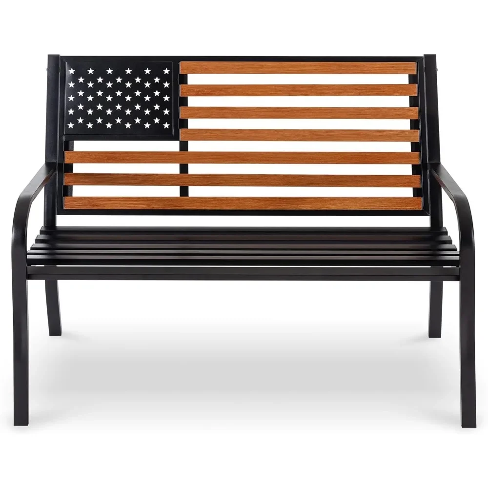 Garden Benches 3 Seat, Cast Iron Metal Frame, American Flag Backrest and Weatherproof Seat, Outdoor Benches