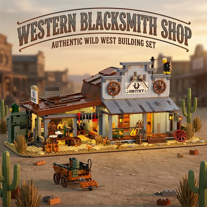 1718-teiliges Western-Schmiedewerk-Bausteine-Set, authentisches Wild-West-Schmiedehaus-Konstruktionsmodell mit LED-Beleuchtung, DIY-Montage-Spielzeug für Erwachsene, ideales Geburtstags- und