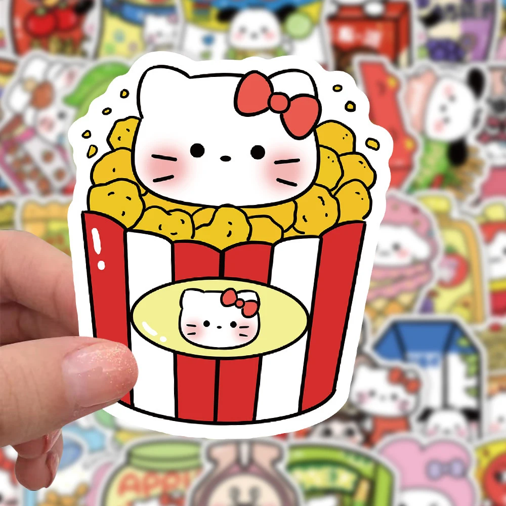 Stiker Sanrio 10/30/50 buah Kawaii kartun makanan ringan untuk mainan anak-anak DIY telepon kulkas botol air lucu Hello Kitty My Melody stiker